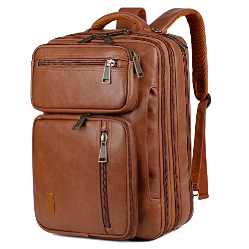 Leather Laptop Backpack Briefcase Hybrid 15.6 Inch Laptop Travel Backpack Hiking College Backpack for Men BC-04 (Brown)