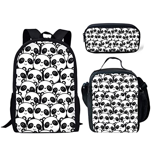 STUOARTE Cartoon Panda Kids Backpack with Lunch Box School 3 Piece Backpack Set for Children with Lunch Box Pen Holder Case, Boys Girls Lightweight Bookbag, 17 Inch Large Backpack for School Hiking Picnic