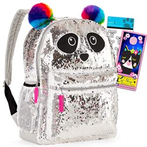 beach kids panda sequin backpack for girls teens women - reversible sequin backpack set with silver shiny sequins and rainbow ears