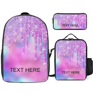 aicihert custom pink glitter pattern backpack personalized 3 piece set backpack with your name text school bag customized bookbag with lunch box and pencil case set for boys girls