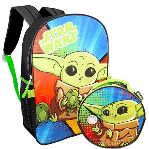 Star Wars Backpack for Boys 8-12 - Bundle with 16” Mandalorian Backpack, Baby Yoda Lunch Box, Stickers | Star Wars School Backpack for Boys