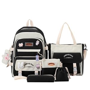 shinsuke 5pcs kawaii cute backpacks combo set with bear pendant pins back to school supplies anime canvas schoolbag daypack bag kit (black)