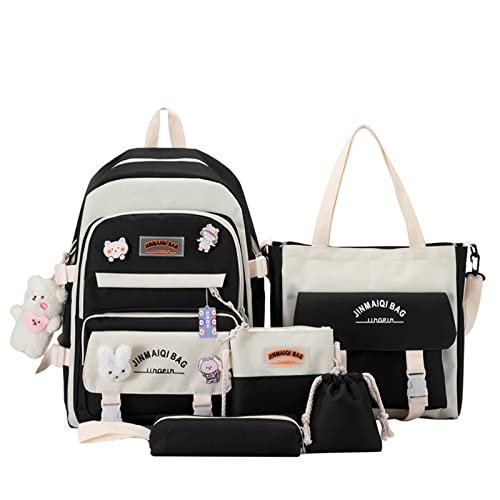 SHINsuke 5Pcs Kawaii Cute Backpacks Combo Set with Bear Pendant Pins Back To School Supplies Anime Canvas Schoolbag Daypack Bag Kit (Black)