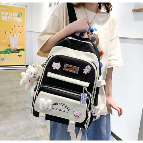 SHINsuke 5Pcs Kawaii Cute Backpacks Combo Set with Bear Pendant Pins Back To School Supplies Anime Canvas Schoolbag Daypack Bag Kit (Black)