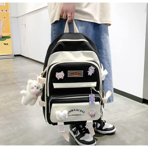 SHINsuke 5Pcs Kawaii Cute Backpacks Combo Set with Bear Pendant Pins Back To School Supplies Anime Canvas Schoolbag Daypack Bag Kit (Black)