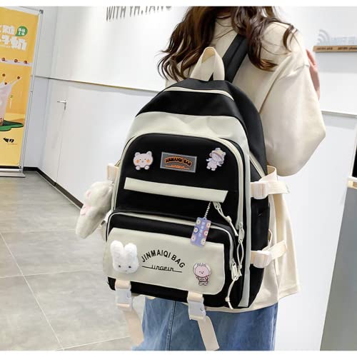 SHINsuke 5Pcs Kawaii Cute Backpacks Combo Set with Bear Pendant Pins Back To School Supplies Anime Canvas Schoolbag Daypack Bag Kit (Black)