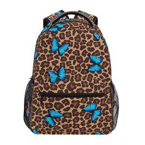 blue butterfly leopard cheetah print school backpack for boys girls, elementary school bookbag travel bag laptop daypack with name tag