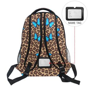 Blue Butterfly Leopard Cheetah Print School Backpack for Boys Girls, Elementary School Bookbag Travel Bag Laptop Daypack with Name Tag