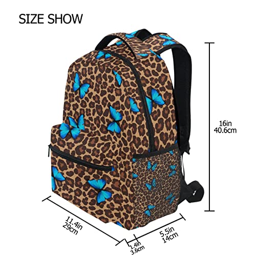 Blue Butterfly Leopard Cheetah Print School Backpack for Boys Girls, Elementary School Bookbag Travel Bag Laptop Daypack with Name Tag