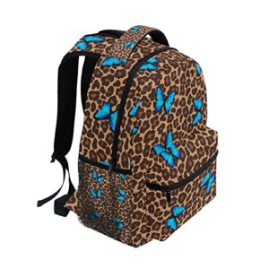 Blue Butterfly Leopard Cheetah Print School Backpack for Boys Girls, Elementary School Bookbag Travel Bag Laptop Daypack with Name Tag