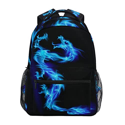 Blue Fire Dragon School Backpack for Boys Girls, Elementary School Bookbag Travel Bag Laptop Daypack with Name Tag