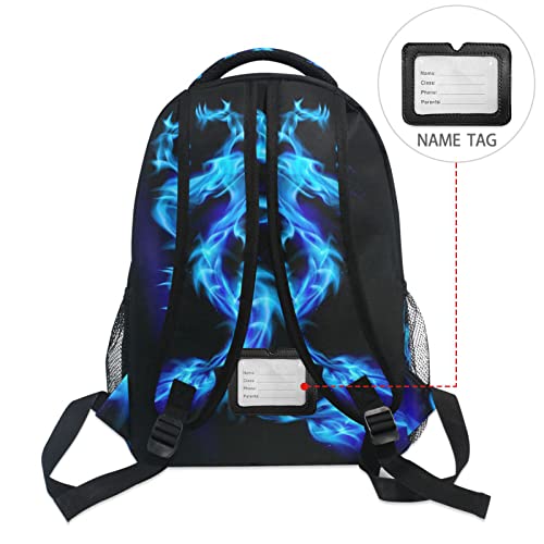 Blue Fire Dragon School Backpack for Boys Girls, Elementary School Bookbag Travel Bag Laptop Daypack with Name Tag