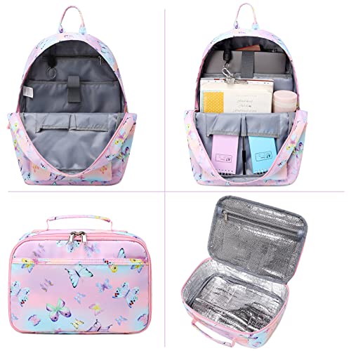Fancbiya Kids Backpack For Girls Butterfly Backpack Preschool Book Bag Kindergarten Backpack Set With Lunchbox Cute School Bag