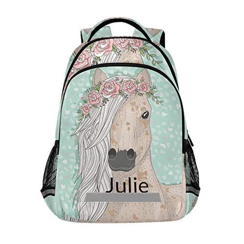 Custom Backpack for Girls Kids with Name Personalized Floral Horse School Bookbag for Age 6-10