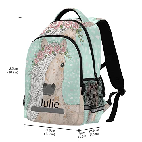 Custom Backpack for Girls Kids with Name Personalized Floral Horse School Bookbag for Age 6-10