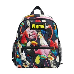 glaphy custom kids backpack for boys girls, colorful flamingo parrots birds toddler backpack kindergarten elementary, personalized name preschool bookbag with chest strap