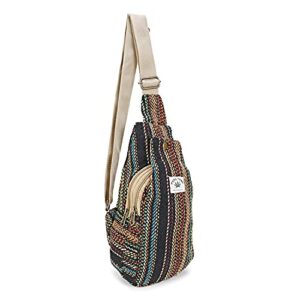 LONGING TO BUY Hemp Sling Backpack- Hemp Cross body Bag- Hemp Shoulder Backpack Adjustable Strap for Men & Women (Multi Black-Chest Belt)