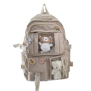 bersauji kawaii backpack with badge pins cute animal keychain aesthetic backpack for girls large capacity school backpack