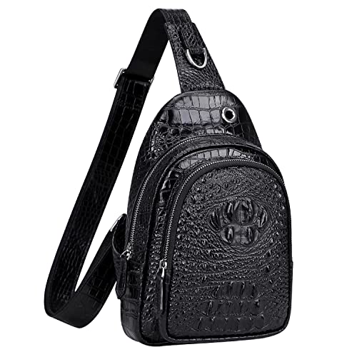 PIJUSHI Crocodile Leather Sling Bag for Men Casual Daypack Sling Backpack(PE020 Black)