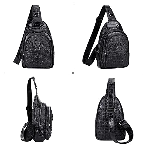 PIJUSHI Crocodile Leather Sling Bag for Men Casual Daypack Sling Backpack(PE020 Black)