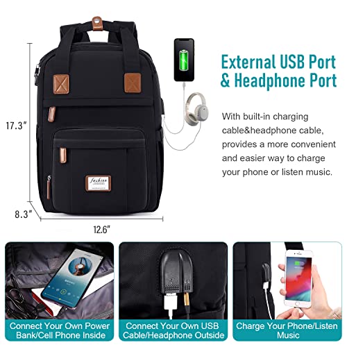 LOVEVOOK Laptop Backpack for Women, 15.6 Inch Anti-Theft Computer Backpack with USB Charging Port, Water Resistant Nurse Cute Bag with Lock, Black