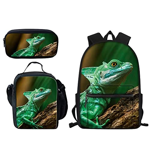 AmzPrint 15 Inch Lightweight Green Reptile Chameleon Backpack 3pc Kids Backpack And Lunch Box Set Girls Animal Print