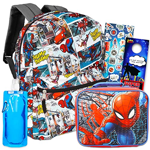 Spiderman Backpack with Lunch Box - Bundle with Spiderman Backpack, Spiderman Lunch Bag, Water Bottle, Stickers, More | Spiderman Backpack and Lunch Box Set