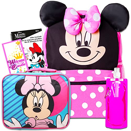 Minnie Mouse Backpack with Lunch Box Set - Bundle with 16 Minnie Backpack, Minnie Mouse Lunch Box, Water Bottle, Stickers, Minnie Backpack with Lunch Box