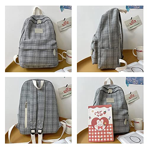 AONUOWE Light Academia Aesthetic Backpack Plaid Preppy Backpack Teen Girls Back to School Supplies Checkered Bookbags (Light Grey)