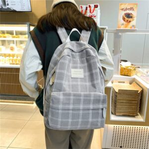 AONUOWE Light Academia Aesthetic Backpack Plaid Preppy Backpack Teen Girls Back to School Supplies Checkered Bookbags (Light Grey)