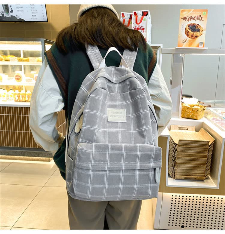 AONUOWE Light Academia Aesthetic Backpack Plaid Preppy Backpack Teen Girls Back to School Supplies Checkered Bookbags (Light Grey)