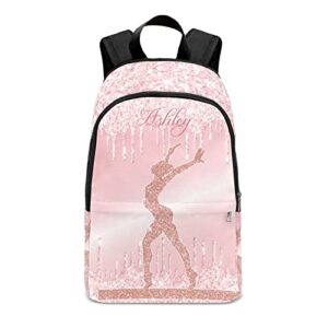 urcustom personalized name pink glitter print girls gymnastics backpack unisex bookbag for boy girl travel daypack bag purse 17.7 in