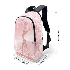 Urcustom Personalized Name Pink Glitter Print Girls Gymnastics Backpack Unisex Bookbag for Boy Girl Travel Daypack Bag Purse 17.7 IN