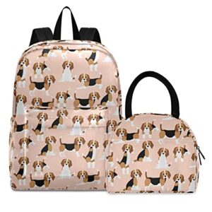 CHIFIGNO Beagle Dogs Kids Backpack Elementary Girls Boys Book Bag Casual Daypack Primary School Bag Backpack Set with Insulated Lunch Bag