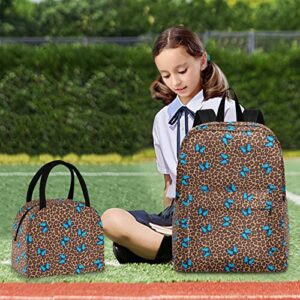 CHIFIGNO Blue Butterfly Leopard Cheetah Print Backpack Set for Teen Girls Middle Student Bookbag Women Backpack with Insulated Lunch bag Funny Preschool Kindergarten Backpacks