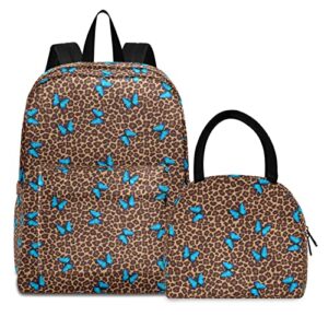chifigno blue butterfly leopard cheetah print backpack set for teen girls middle student bookbag women backpack with insulated lunch bag funny preschool kindergarten backpacks