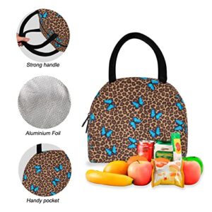 CHIFIGNO Blue Butterfly Leopard Cheetah Print Backpack Set for Teen Girls Middle Student Bookbag Women Backpack with Insulated Lunch bag Funny Preschool Kindergarten Backpacks