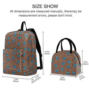 CHIFIGNO Blue Butterfly Leopard Cheetah Print Backpack Set for Teen Girls Middle Student Bookbag Women Backpack with Insulated Lunch bag Funny Preschool Kindergarten Backpacks