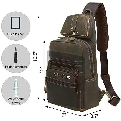 TIDING Men's Genuine Leather Sling Bag Vintage 11 Inch Tablet Crossbody Chest Daypack with Detachable Pocket