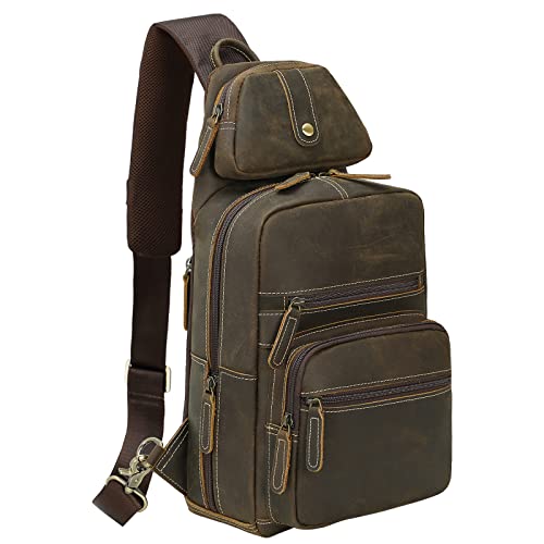 TIDING Men's Genuine Leather Sling Bag Vintage 11 Inch Tablet Crossbody Chest Daypack with Detachable Pocket