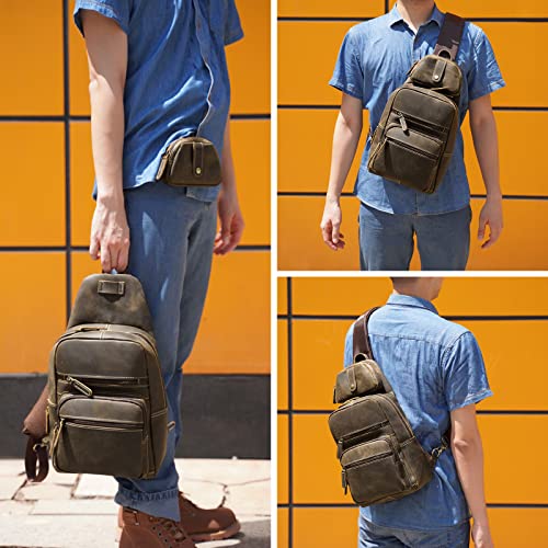 TIDING Men's Genuine Leather Sling Bag Vintage 11 Inch Tablet Crossbody Chest Daypack with Detachable Pocket