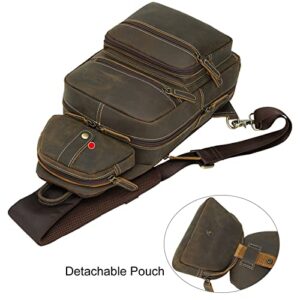 TIDING Men's Genuine Leather Sling Bag Vintage 11 Inch Tablet Crossbody Chest Daypack with Detachable Pocket