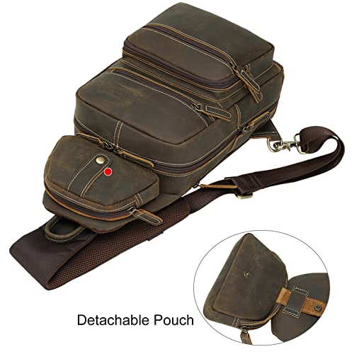 TIDING Men's Genuine Leather Sling Bag Vintage 11 Inch Tablet Crossbody Chest Daypack with Detachable Pocket