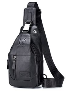 bullcaptain genuine leather sling chest bag multi-pockets men crossbody bag travel casual small shoulder backpack (black)