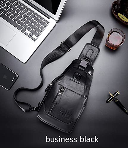 BULLCAPTAIN Genuine Leather Sling Chest Bag Multi-pockets Men Crossbody Bag Travel Casual Small Shoulder Backpack (Black)