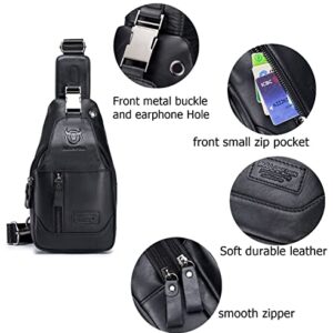 BULLCAPTAIN Genuine Leather Sling Chest Bag Multi-pockets Men Crossbody Bag Travel Casual Small Shoulder Backpack (Black)
