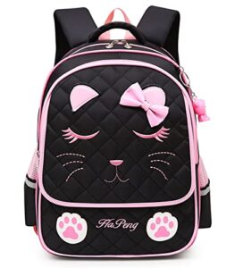 mcwth cat face school backpack for teen girls, cute kids elementar bookbag daypack (black)