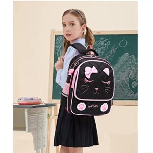 MCWTH Cat Face School Backpack for Teen Girls, Cute Kids Elementar BookBag Daypack (Black)