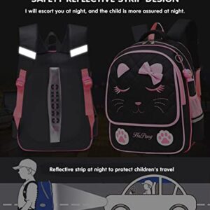 MCWTH Cat Face School Backpack for Teen Girls, Cute Kids Elementar BookBag Daypack (Black)