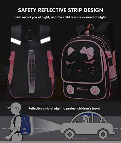 MCWTH Cat Face School Backpack for Teen Girls, Cute Kids Elementar BookBag Daypack (Black)